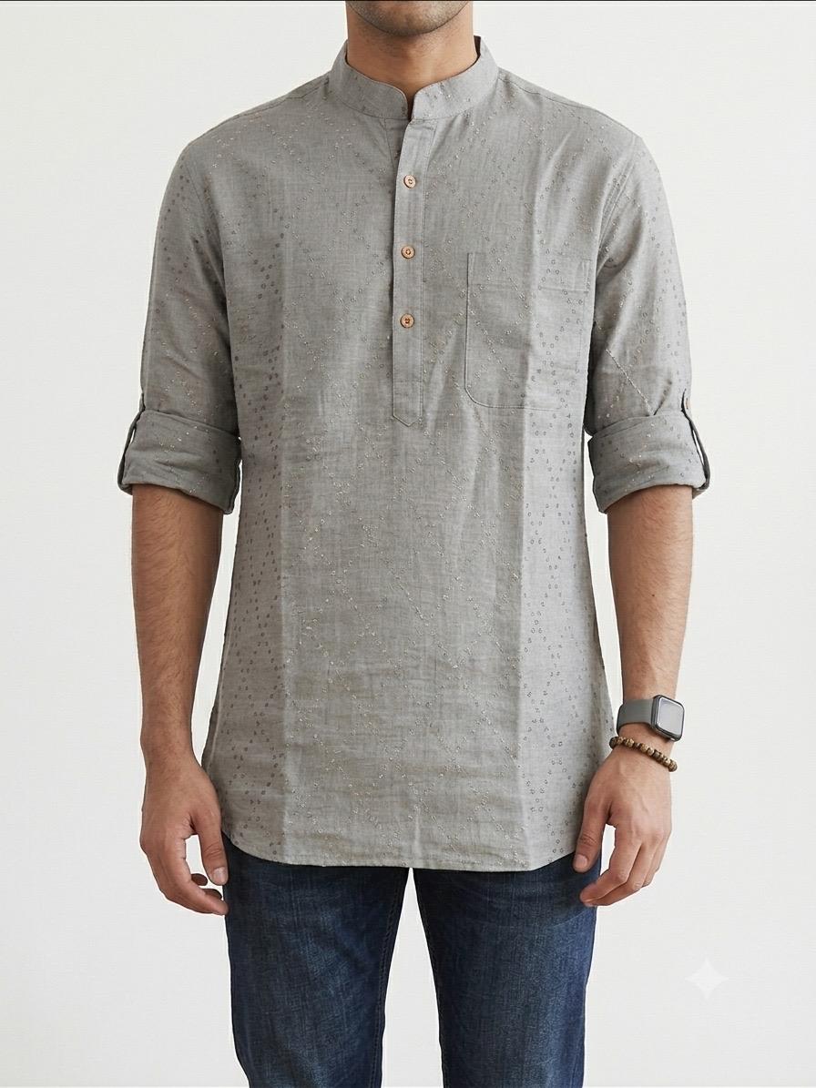 Stone Grey Textured Linen Kurta