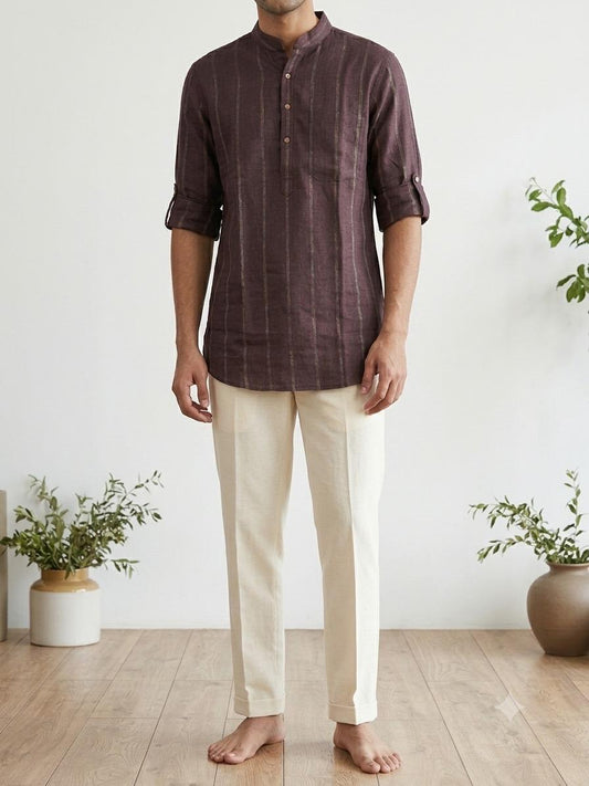 Heritage Striped Burgundy Linen Kurta