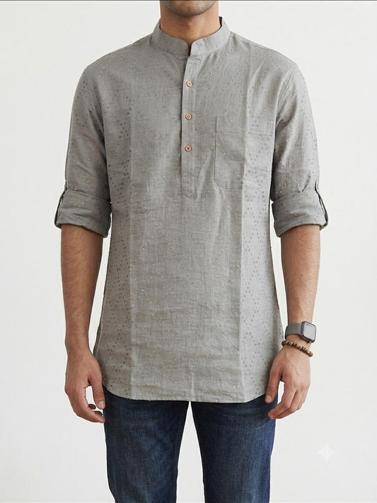 Stone Grey Textured Linen Kurta